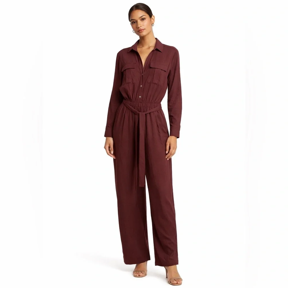 Loft Brown Belted Jumpsuit with Pockets Size Medium Petite - Picture 3 of 12